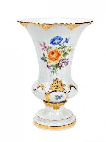 Jarron 25 cm, Bouquet colorido, decoracion de oro encima de blanco glaseado