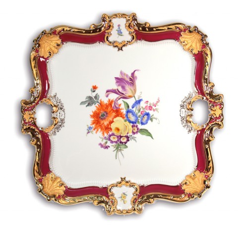 Plato quadrado L 40,5 cm, Bouquet colorido, decoracion de oro, purpura glaseado