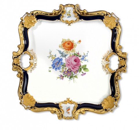 Plato cuadrado L 40,5 cm, Bouquet colorido, decoracion de oro, Azul Real glaseado