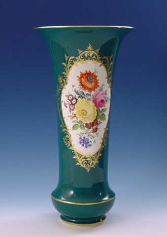 Jarron 41 cm, Bouquet colorido, decoracion de oro, Verde-Ruso glaseado