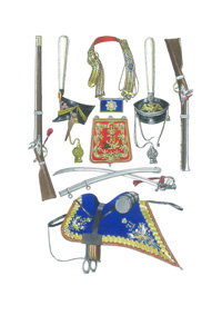Guardia Imperial de Husares: carabina del ano 1808, chaco de soldado, bandolera con cacerina, portapliegos y chaco para oficial, trabuco del ano 1808, sable de soldado del ano 1808, telliz.