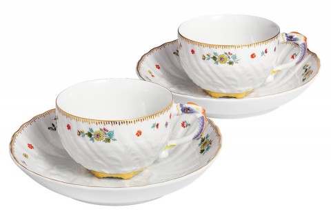 Tazas Porcelana Cisne V 0,14l, relieve blanco, decoracion de oro, pequenas flores Indias